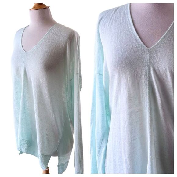 VINCE Pastel Aqua Blue Linen V-Neck Light weight Coastal Sweater - Large - Picture 8 of 11